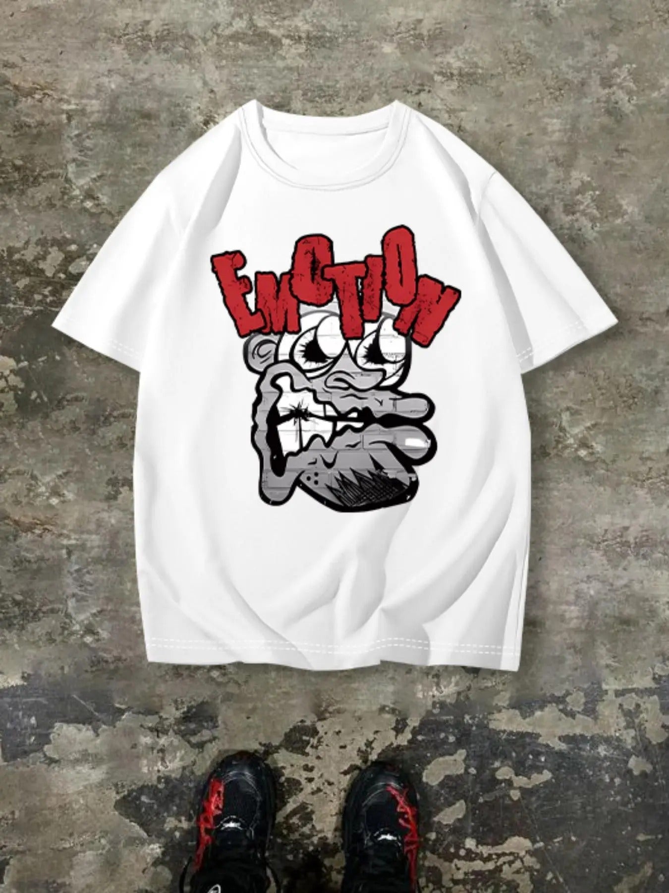 Men's Cartoon Face & Letter Print Drop Shoulder Tee, Regular Fit Casual Comfy Round Neck Half Sleeve T-Shirt for Summer,...