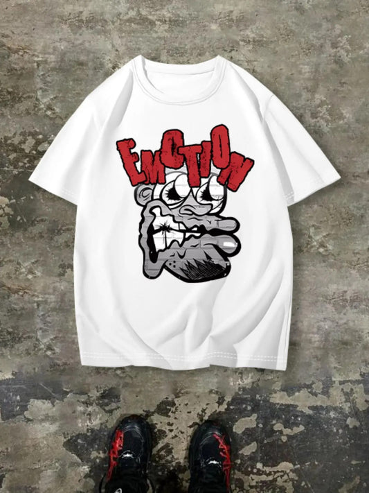 Men's Cartoon Face & Letter Print Drop Shoulder Tee, Regular Fit Casual Comfy Round Neck Half Sleeve T-Shirt for Summer,...