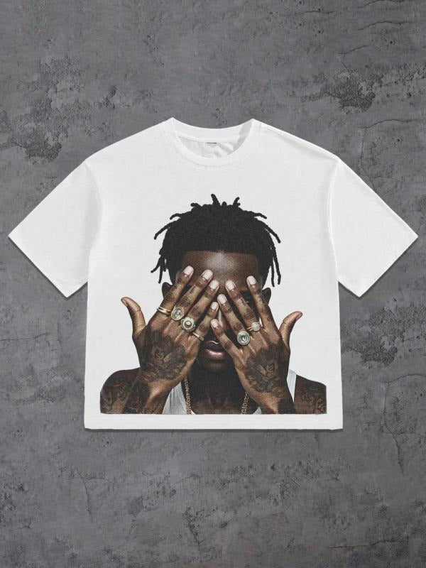 Men's Cartoon Face Print Round Neck Tee, Regular Fit Casual Short Sleeve T-shirt, Men's Summer Top for Daily Wear,...