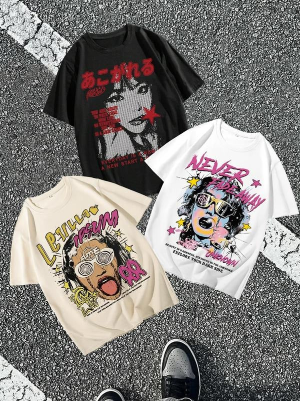 Men's Cartoon Figure & Letter Print Drop Shoulder Tee, Regular Fit Street Fashion Casual Soft Comfy Short Sleeve Round...