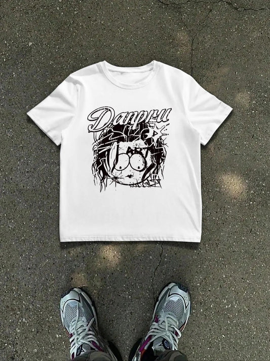 Men's Cartoon Figure & Letter Print Round Neck Tee, Regular Fit Street Fashion Casual Short Sleeve T-Shirt for Daily...