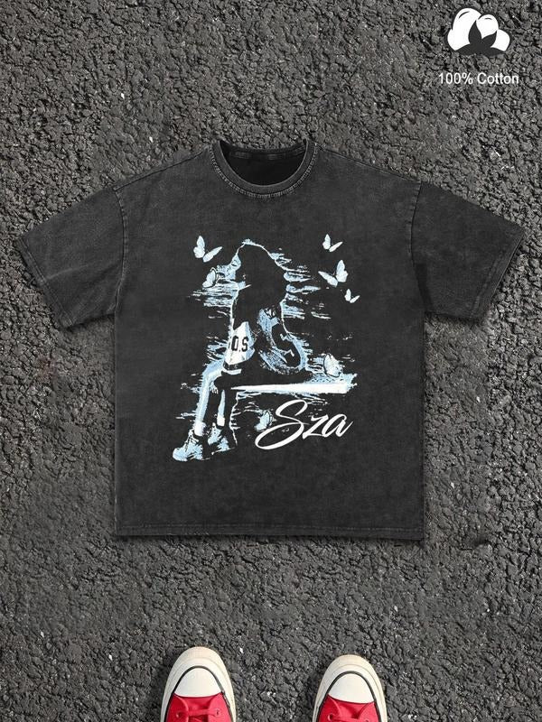 Men's Cartoon Girl Print Wash Tee, Regular Fit Casual Short Sleeve Round Neck T-Shirt for Summer, Men's Top for Daily...