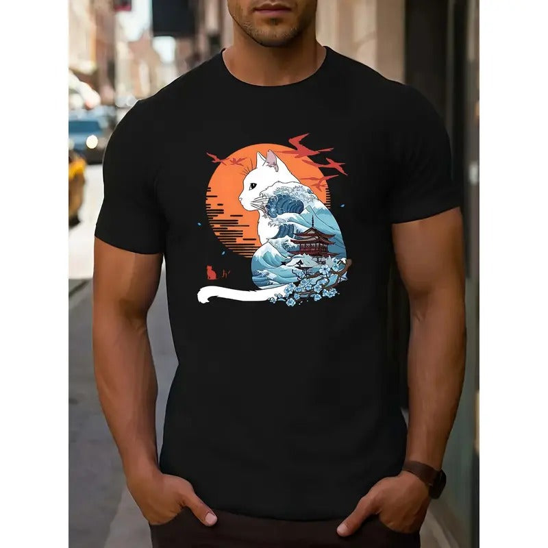 Men's Casual  Crew Neck T-Shirt with Kitsune Graphic Print, Slight Stretch Knit Fabric, Regular Fit, Patterned Casual...