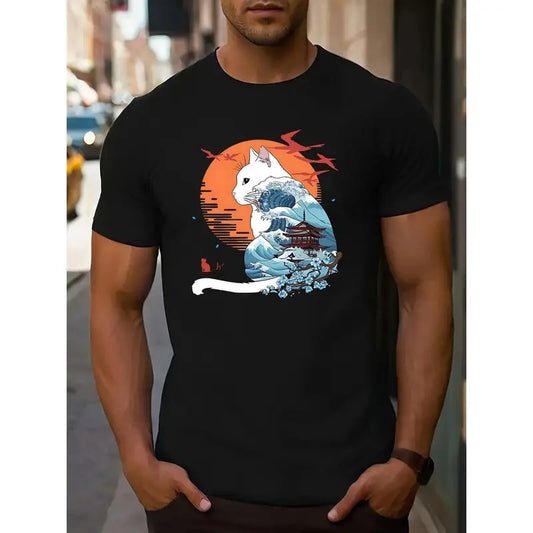 Men's Casual  Crew Neck T-Shirt with Kitsune Graphic Print, Slight Stretch Knit Fabric, Regular Fit, Patterned Casual...