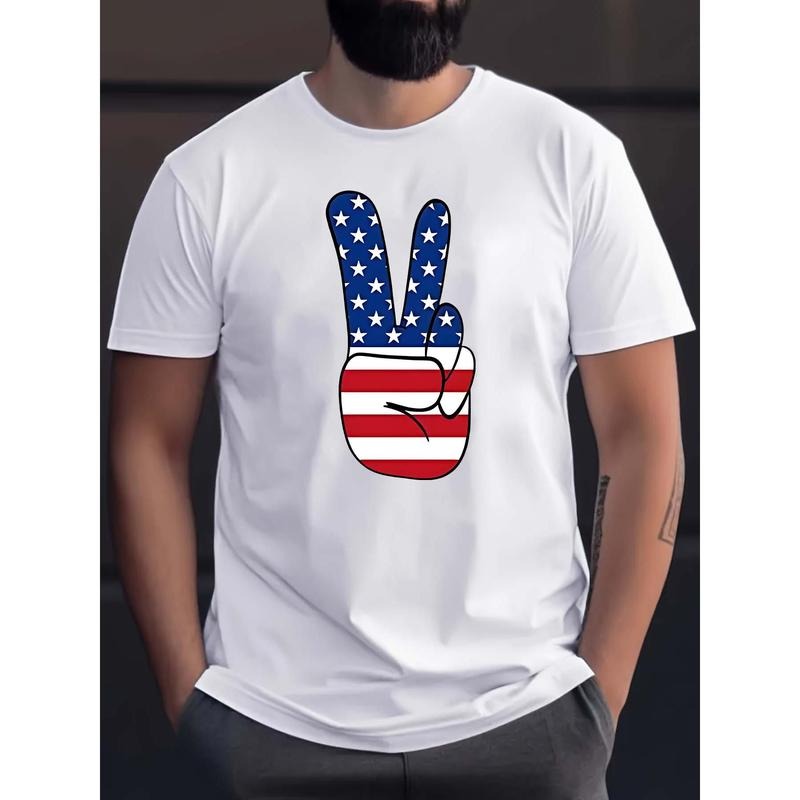 Men's Casual Athletic T-Shirt - Breathable Cotton, Round Neck with American Flag Print, Machine Washable
