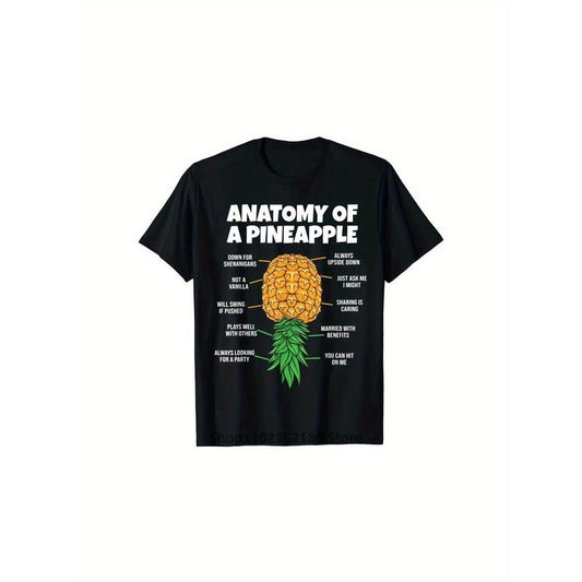Men's Casual Fashion T-Shirt - 100% Cotton, Geometric Pineapple Print, Crew Neck, Short Sleeve, Machine Washable