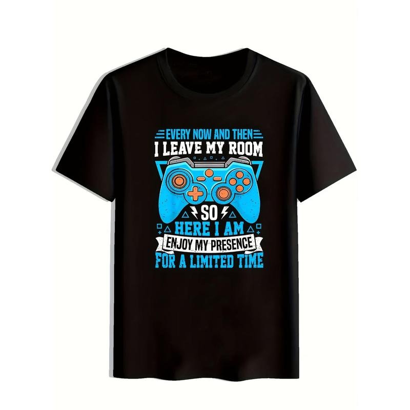 Men's Casual Short-Sleeve T-Shirt with Game Controller Print- Breathable Polyester Blend, Crew Neck, Summer Fashion Top...