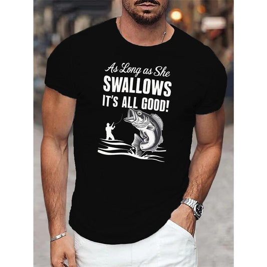 Men's Casual Short Sleeve T-Shirt with Humorous Fishing Print - Breathable, Machine Washable