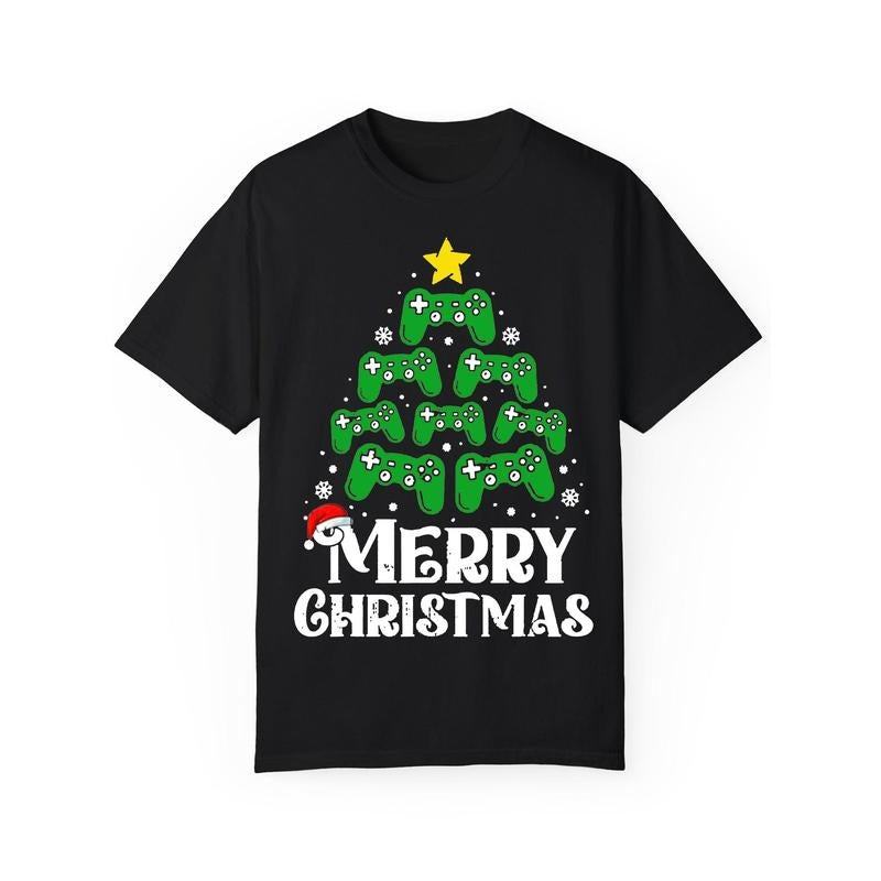 Men's Christmas Gaming T-Shirt, Casual Short Sleeve Round Neck Top, Cotton, Festive Holiday Graphic, Black, Stretch Knit...