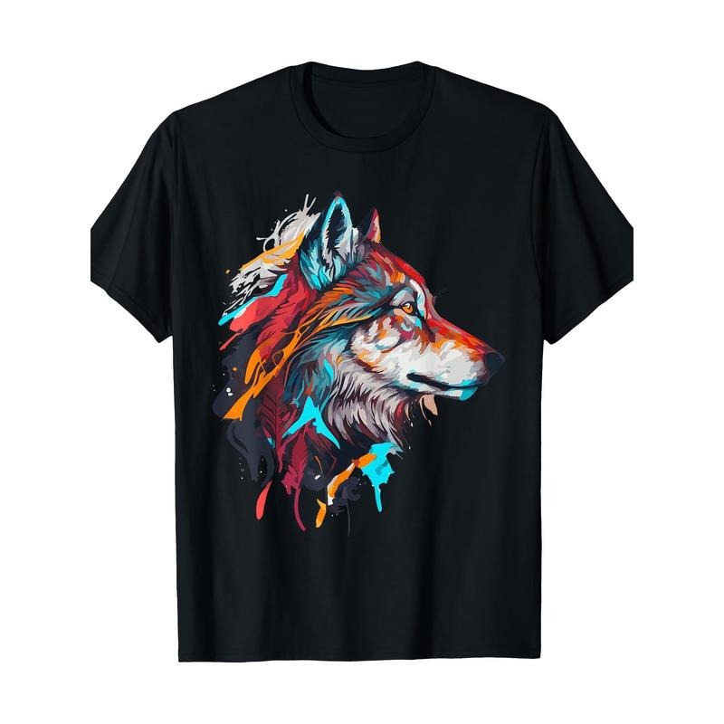 Men's Colorful Wolf Portrait Graphic Tee - 100% Cotton, Short Sleeve, Crew Neck, Casual Fit, Machine Washable