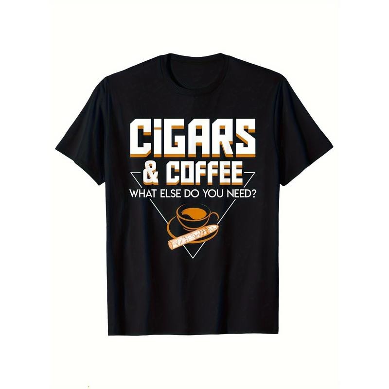 Men's Cotton T-Shirt With Cigar Print, Casual Short Sleeve Round Neck Tee, Soft Comfortable Top, Men's Clothing made in...