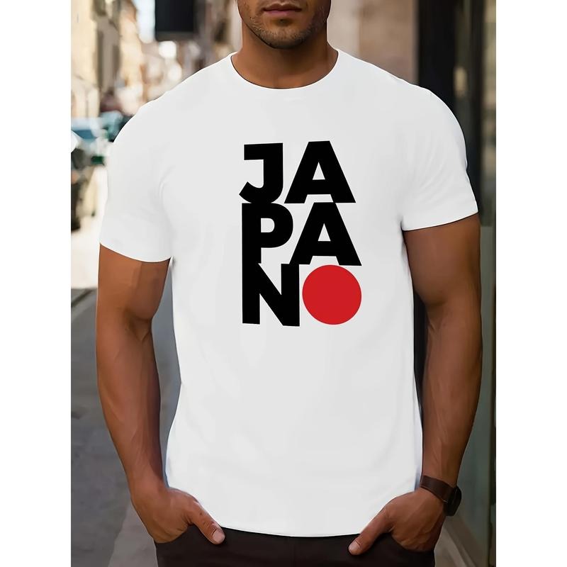 Men's Crew Neck T-Shirt with Japan Alphabet Graphic Design, Casual Knit Fabric Top with Slight Stretch and Regular Fit...