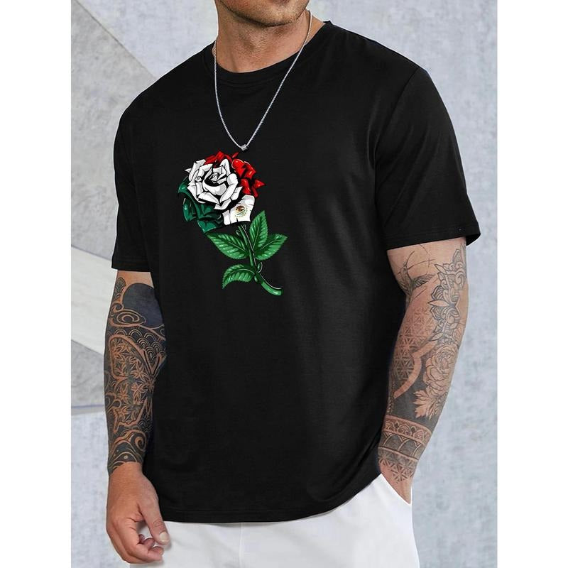 Men's Crew Neck T-Shirt with Rose Print - Polyester Knit Fabric Blend, Regular Fit for Weekend Casual Style,...