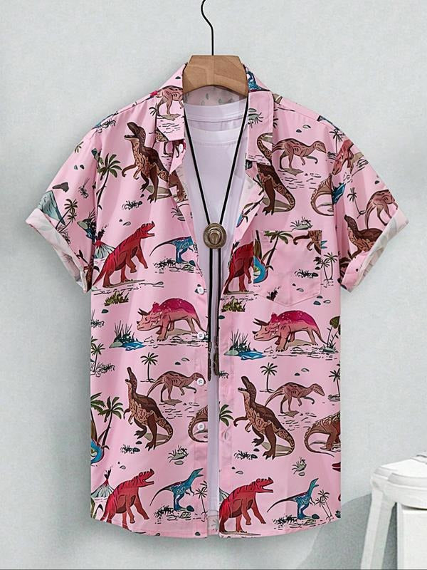 Men's Dinosaur Print Short Sleeve Shirt, Regular Fit Casual Cartoon Graphic Button Up Top for Beach Vacation, Fashion...