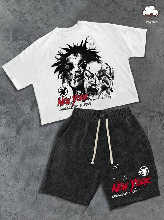 Men's Distressed Print Short Sleeve Tee & Pocket Shorts Two-Piece Set, Regular Fit Casual Round Neck T-shirt & Drawstring...