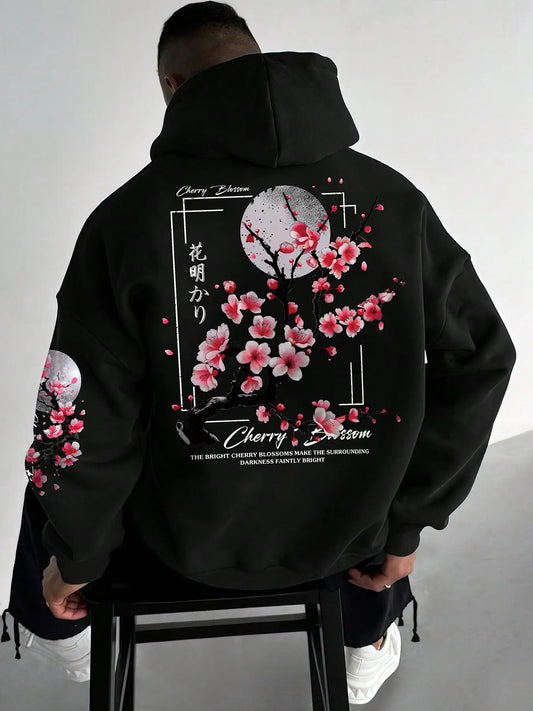 Men's Floral Print Drop Shoulder Thermal Lined Hoodie, Fashion Casual Regular Fit Drawstring Pocket Hooded Sweatshirt for...