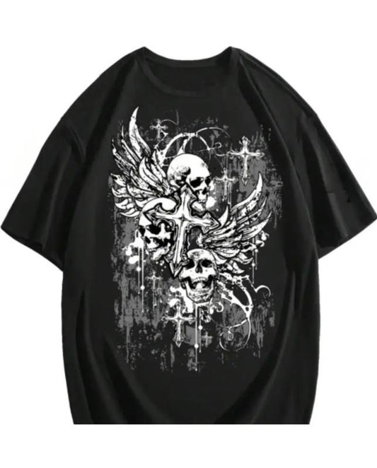 Men's Gothic Graphic Tees Skull Print Drop Shoulder Short Sleeve Y2K Streetwear Tshirt Top Hoodie, Sweatshirt