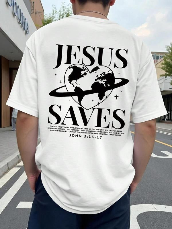 Men's Jesus Saves Letter Print Short Sleeve Graphic Tee, Casual Comfy Round Neck T-shirt for Daily Wear, Men's Top for...