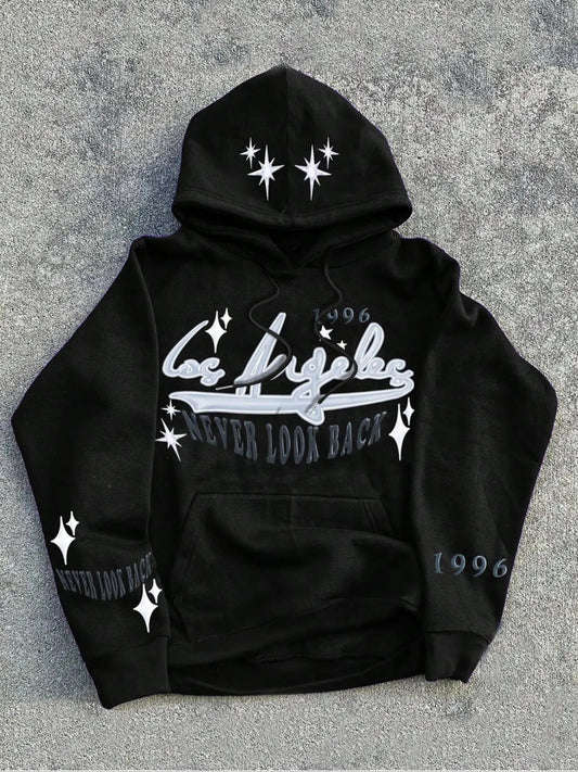 Men's Letter & Star Print Pocket Hoodie, Regular Fit Casual Long Sleeve Hooded Sweatshirt, Men's Fall & Winter Clothes...