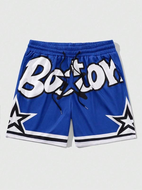 Men's Letter Print Drawstring Waist Shorts, Regular Fit Casual Pocket Track Shorts for Summer, Fashion Men's Bottoms for...