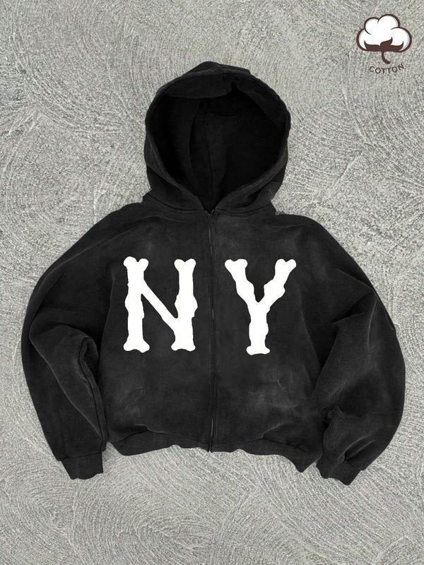 Men's Letter Print Zip Up Hoodie, Casual Regular Fit Long Sleeve Hooded Sweatshirt for Spring & Fall, Fashion Men's Top...