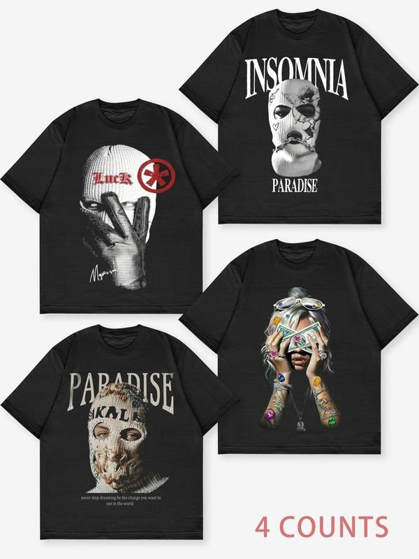 Men's Mask & Letter Print Short Sleeve Tee, Street Fashion Casual Comfy Round Neck T-shirt for Daily Wear, Men's Top for...