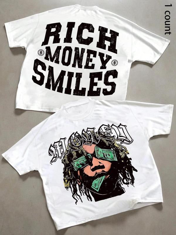 Men's Money Smiles Letter Print Round Neck Tee, Regular Fit Casual Short Sleeve T-shirt, Men's Summer Top for Daily Wear,...