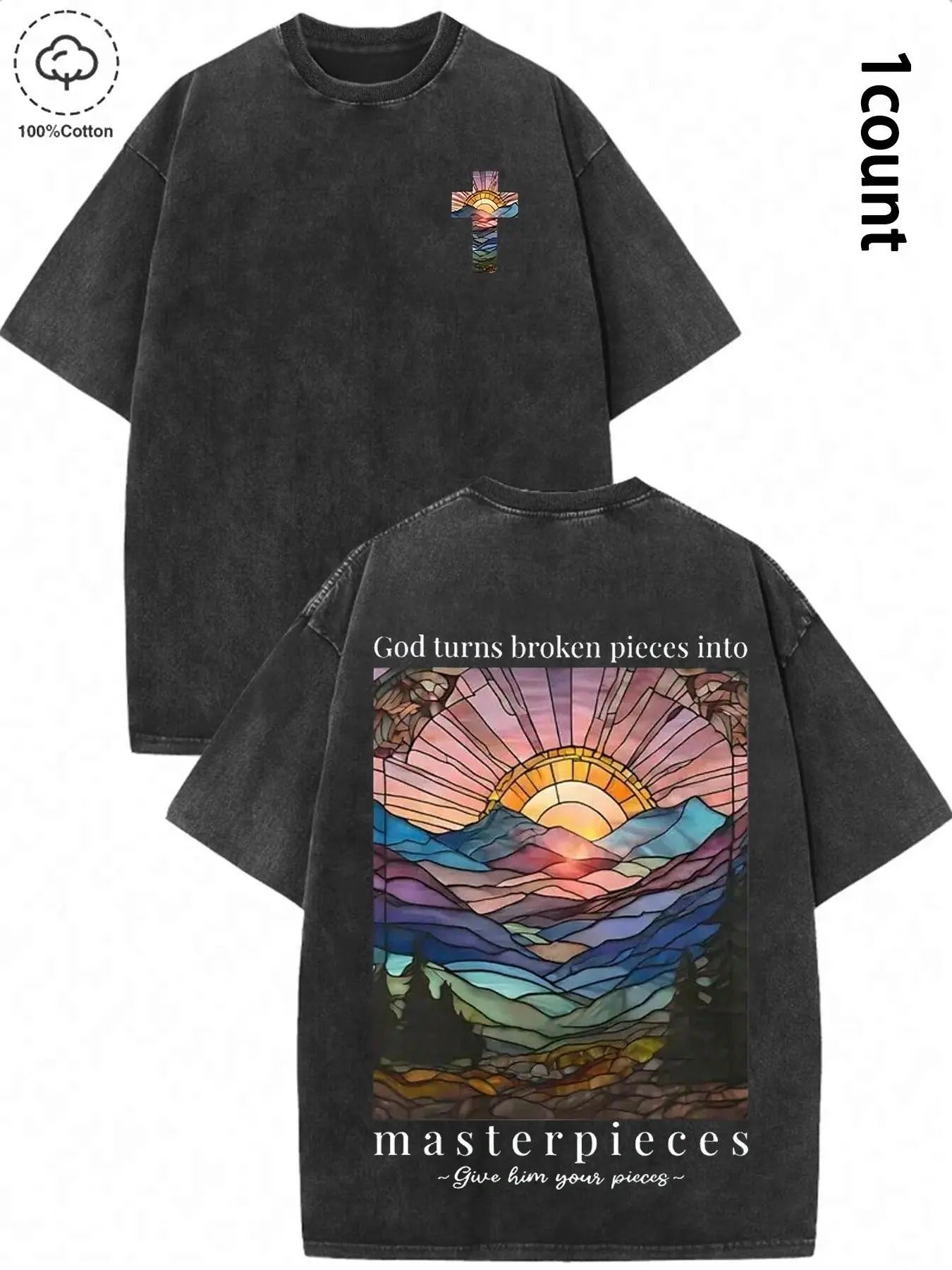 Men's Mountain & Sunset Print Round Neck Graphic Tee, Vintage Trendy Casual Short Sleeve Washed Distressed T-shirt for...