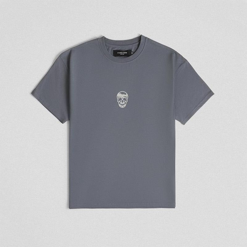 Men's Oversized Skull Tee in Faded Blue - Gymreapers Classic Short-Sleeve Top, 100% Cotton Ribbed Tshirt Casual Crewneck...