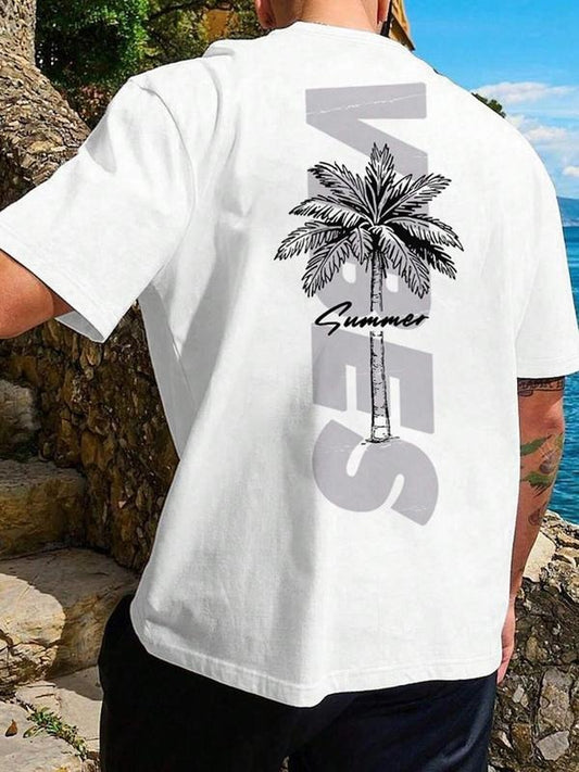 Men's Palm Tree Print Round Neck Tee, Regular Fit Casual Short Sleeve Crew Neck T-Shirt for Summer, Fashion Men's Top for...
