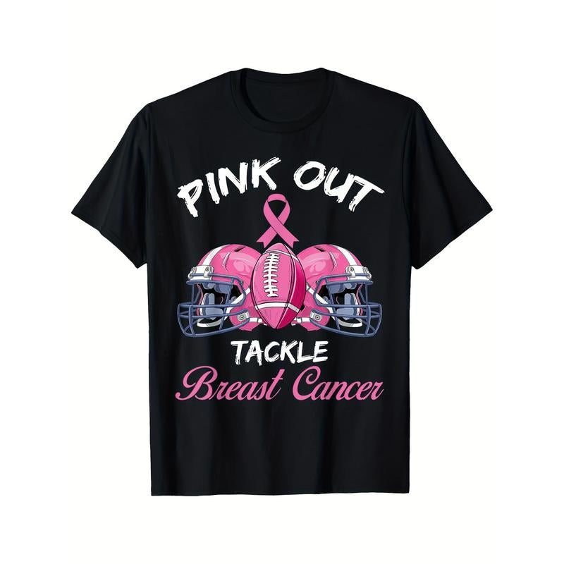 Men's Pink Out Tackle Breast Cancer Awareness American Football Printed T-shirt, Comfortable Casual Short Sleeve for...