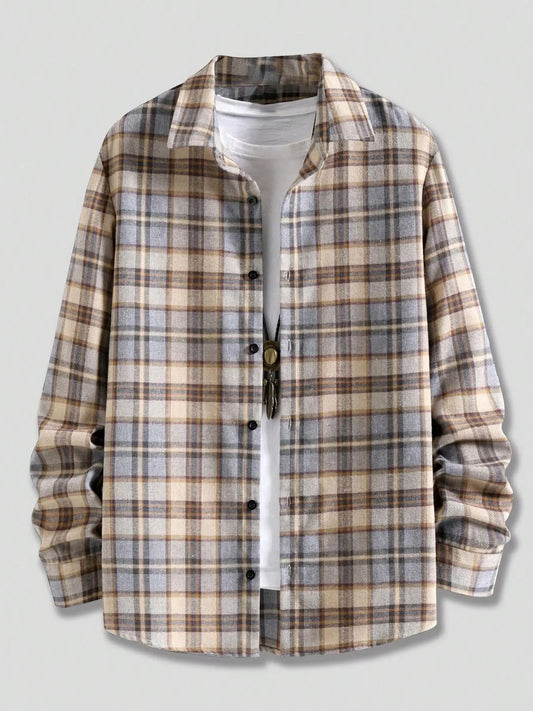 Men's Plaid Print Button Front Shirt Jacket, Casual Comfy Long Sleeve Collared Outerwear for Spring & Fall, Fashion Men's...