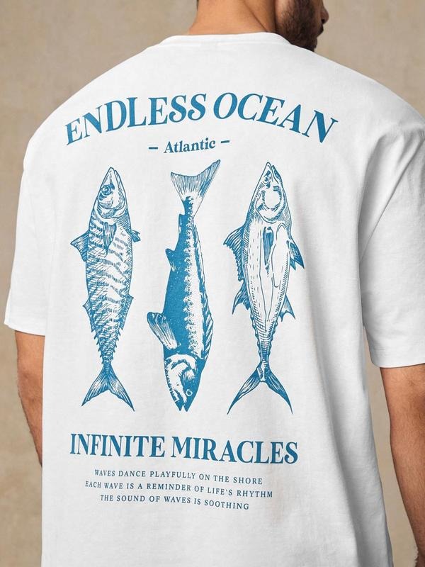 Men's Regular Fit Fish Print Round Neck Tee, Casual Short Sleeve Crew Neck T-shirt for Daily Wear, Men's Top for All...