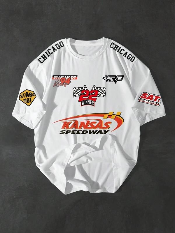Men's Regular Fit Race Car Print Round Neck Tee, Casual Short Sleeve Crew Neck T-Shirt for Daily Wear, Fashion Men's Top...