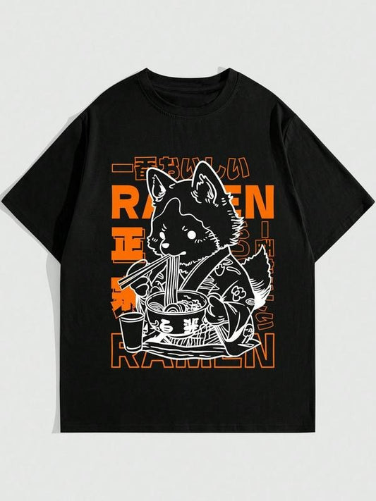 Men's Regular Fit Ramen Graphic Print Round Neck Tee, Casual Short Sleeve T-shirt for Summer, Men's Top for Daily Wear,...