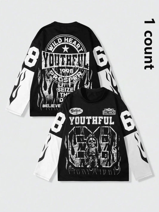 Men's Regular Fit Skull & Letter Print Long Sleeve Tee, Casual Street Round Neck T-shirt for Daily Wear, Menswear for All...