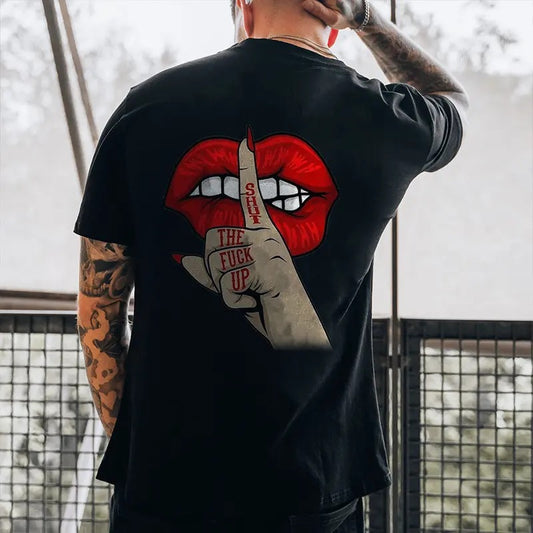 Men's SHUT THE F.U.C.K UP Red Lips Keep Silent Gesture Print T-shirt, Sweatshirt, Hoodie Unisex Shirt, Naughty Clothes Men 