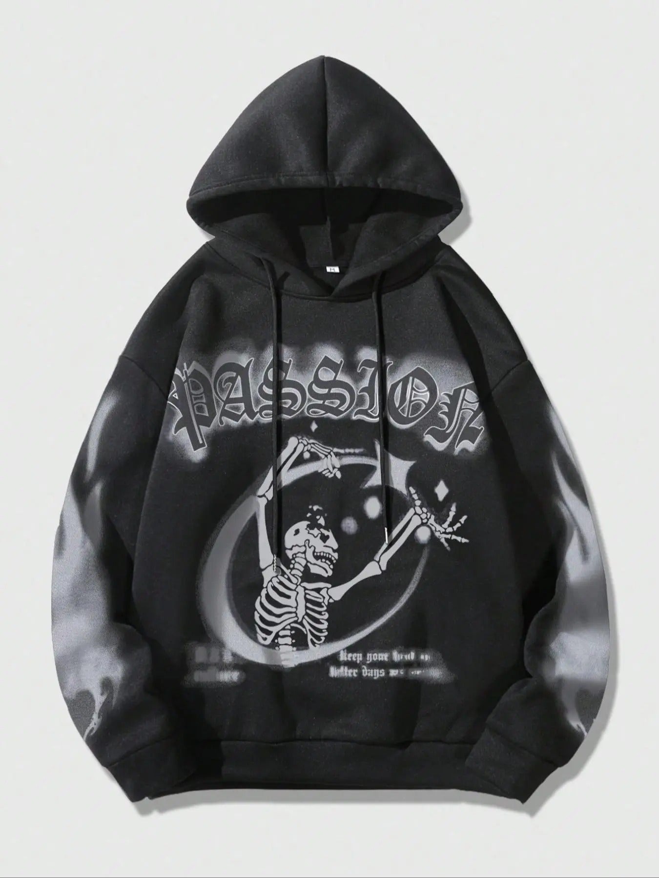 Men's Skeleton & Letter Print Drop Shoulder Hoodie, Street Regular Fit Drawstring Hooded Sweatshirt for Daily Holiday...