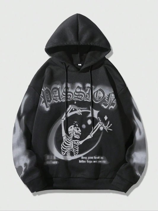 Men's Skeleton & Letter Print Drop Shoulder Hoodie, Street Regular Fit Drawstring Hooded Sweatshirt for Daily Holiday...