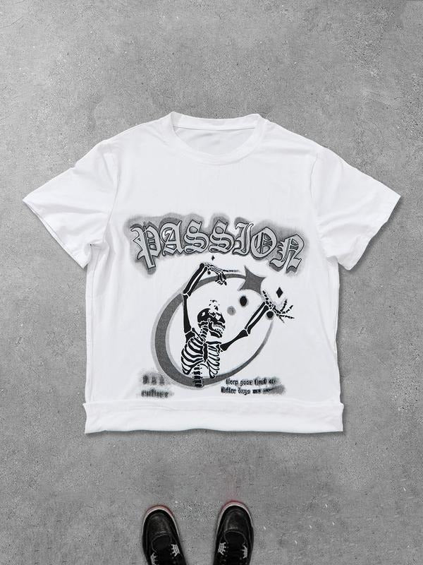 Men's Skeleton Print Round Neck Graphic Tee, Regular Fit Casual Fashion Short Sleeve T-shirt for Summer, Men's Top for...