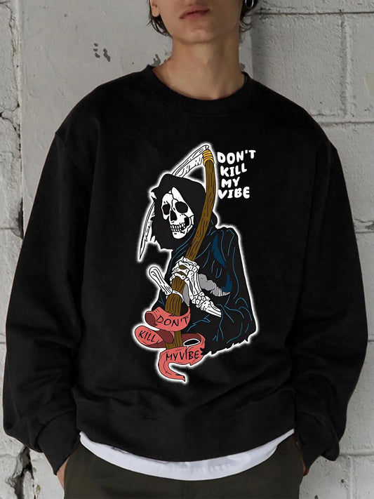Men's Skull & Letter Print Drop Shoulder Sweatshirt, Regular Fit Casual Soft Comfy Long Sleeve Round Neck Pullover for...