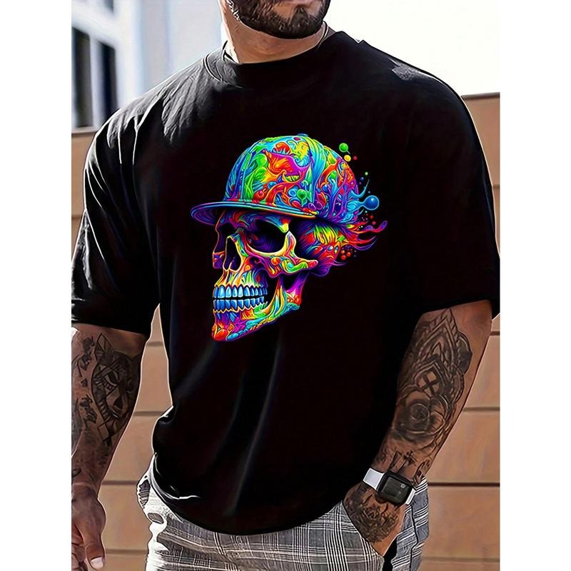 Men's Skull Print Round Neck Short Sleeve Casual T-Shirt, Summer Made in USA Hoodie, Sweatshirt | WearSparks.com