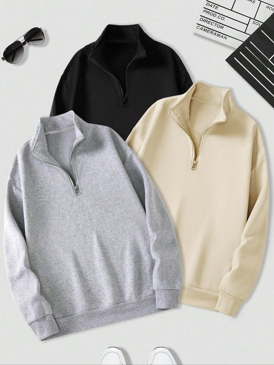 Men's Solid Drop Shoulder Zip Up Sweatshirt, Basic Casual Regular Fit Long Sleeve Stand Collar Pullover for Fall &...