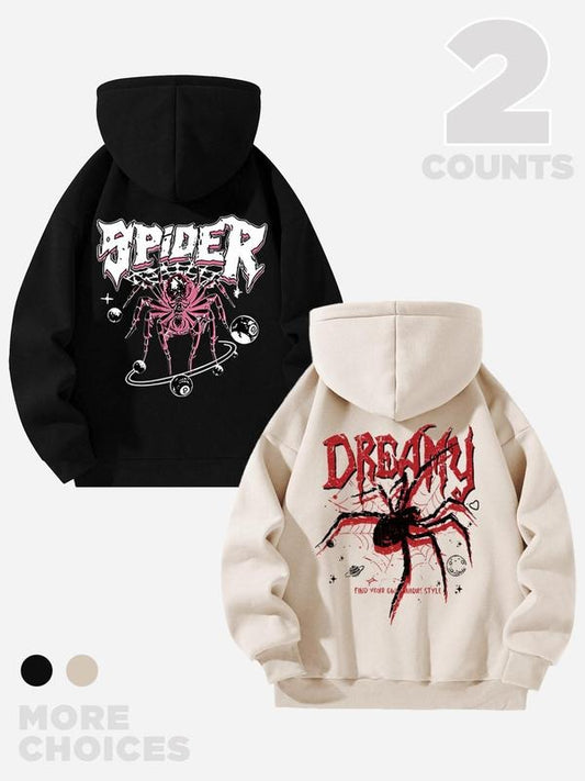 Men's Spider & Letter Print Thermal Lined Zip Up Hoodie, Casual Regular Fit Drop Shoulder Long Sleeve Hooded Sweatshirt...