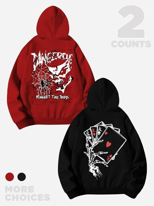Men's Spider & Playing Card Print Drop Shoulder Hoodie, Fashion Casual Regular Fit Drawstring Pocket Hooded Sweatshirt...