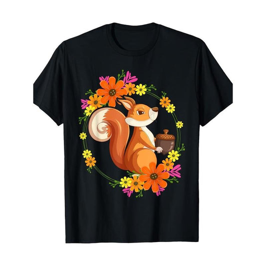 Men's Squirrel & Floral Print T-Shirt - 100% Cotton, Short Sleeve, Crew Neck