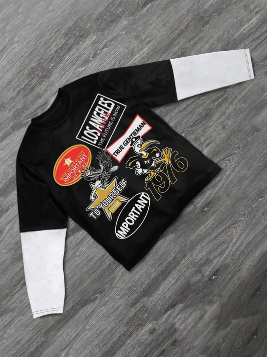 Men's Street Style Graphic Print Round Neck Long Sleeve Tee, Regular Fit Trendy Stylish Crew Neck T-shirt for Daily...