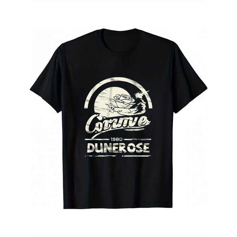 Men's T-shirt, Letter Printed Graphic And Letters Plant Rose Flowers Men'S Clothing American Retro Fashion And Leisure...