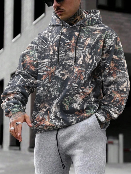 Men's Tree Camo Print Drawstring Hoodie, Street Fashion Casual Regular Fit Hooded Sweatshirt for Daily Holiday Outdoor...
