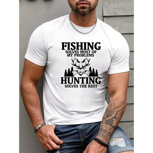 Men's Trendy T-Shirts, Casual Crew Neck Short Sleeves With "Fishing& Hunting" Print For Summer & Spring Made in USA...